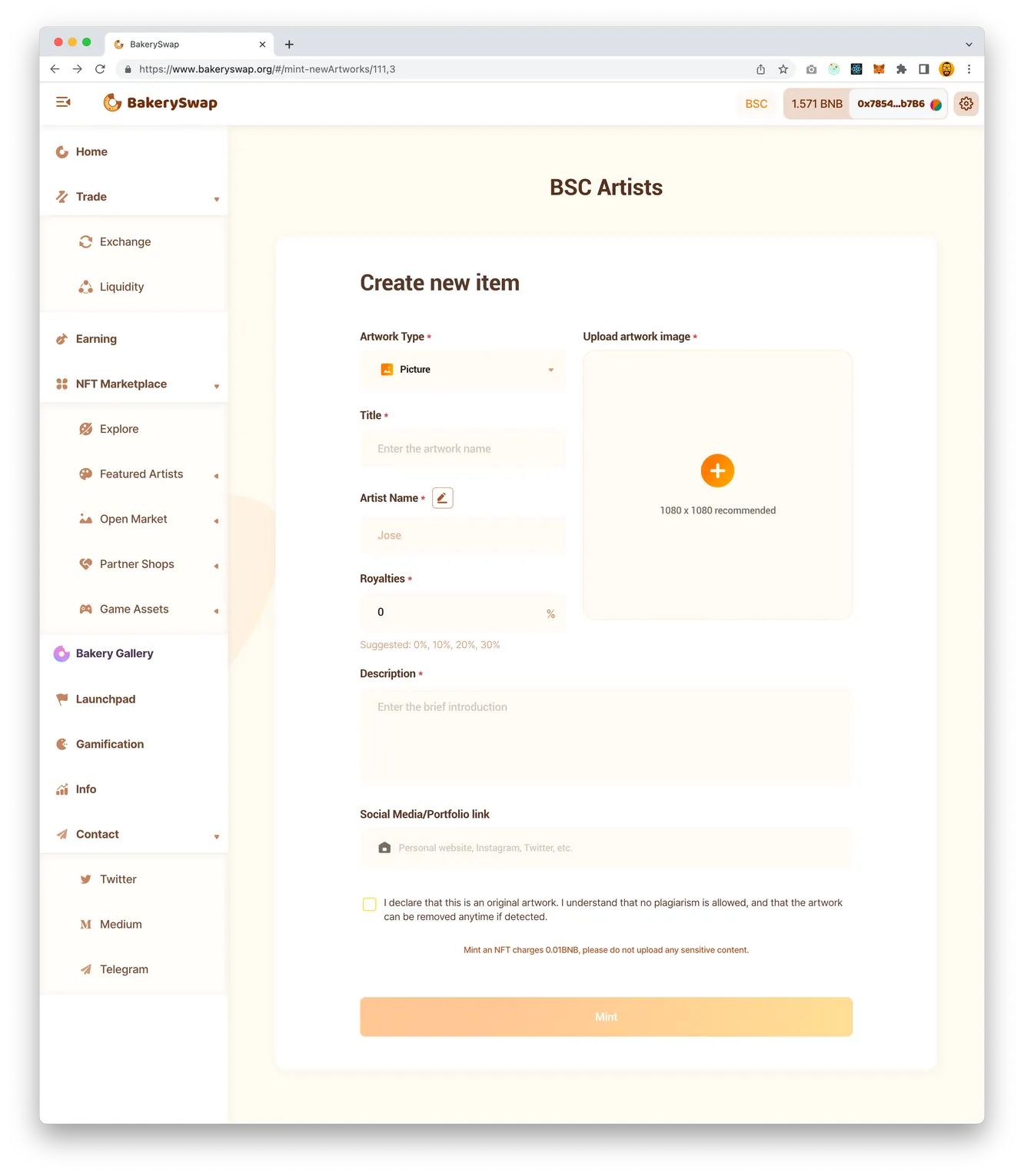 Proceso de minteo de un NFT en BakerySwap