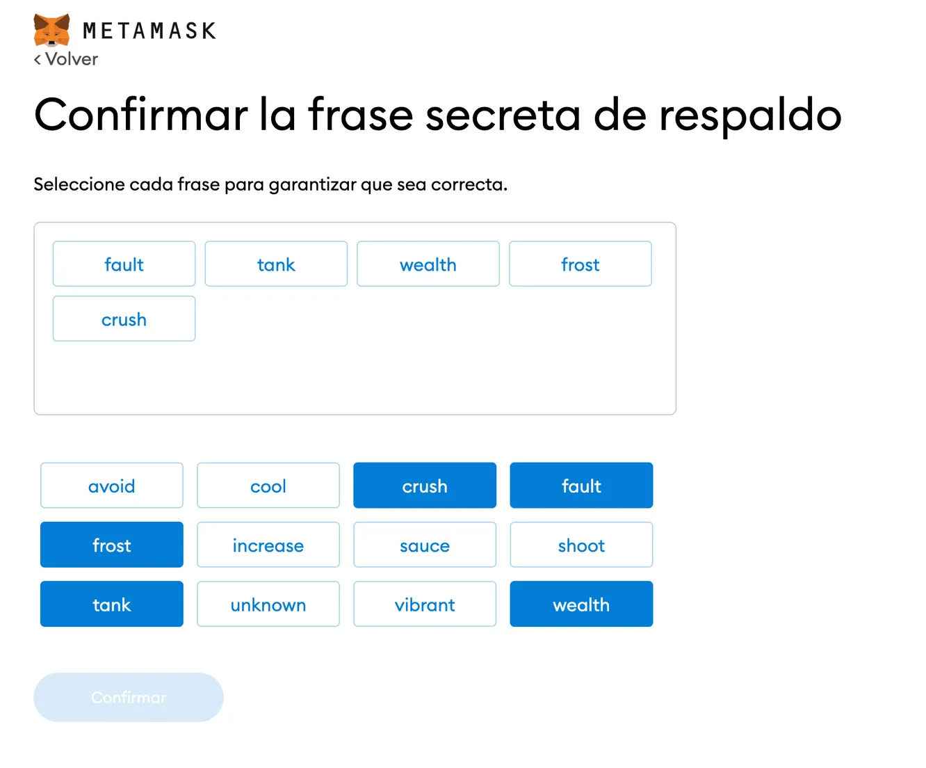 confirmar semilla metamask