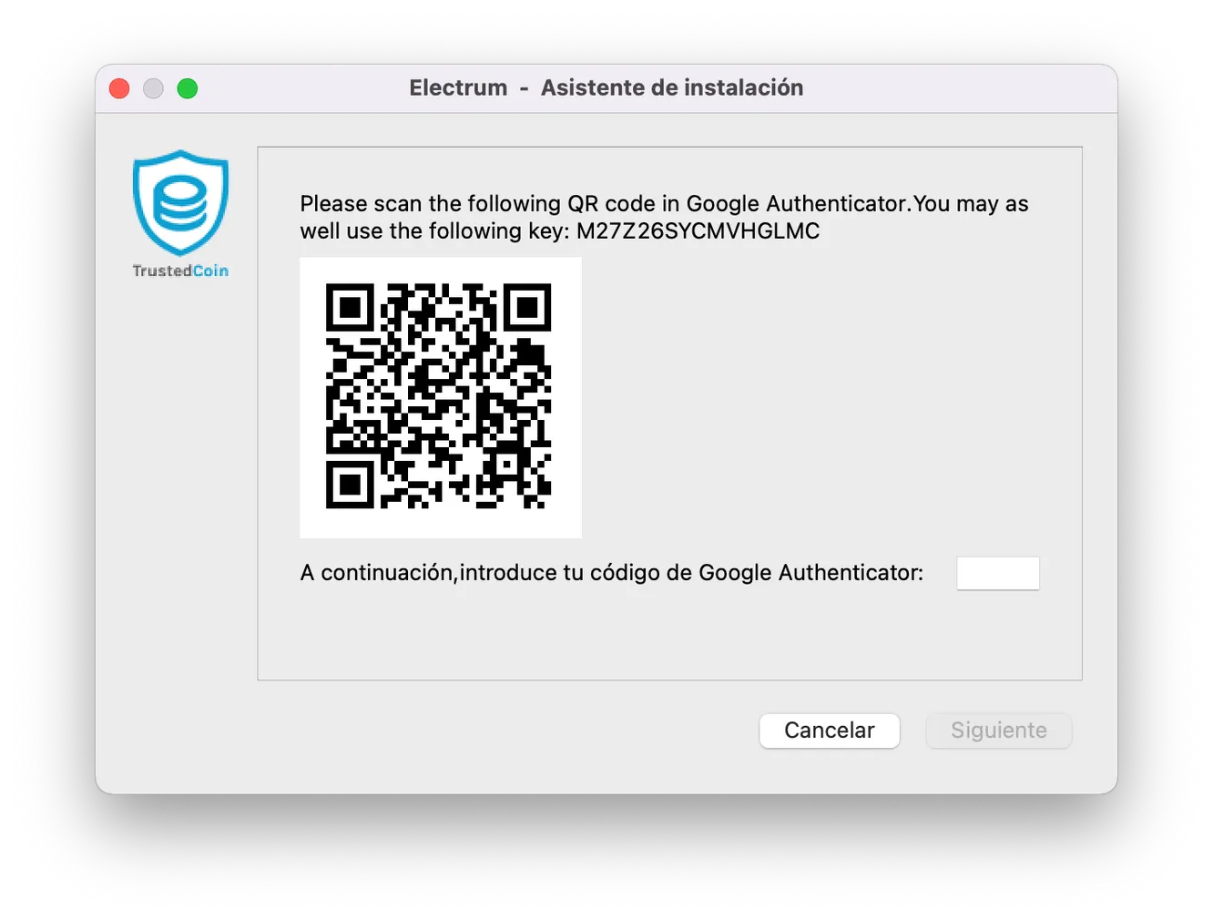 Wallet Electrum: Segundo factor de autenticación