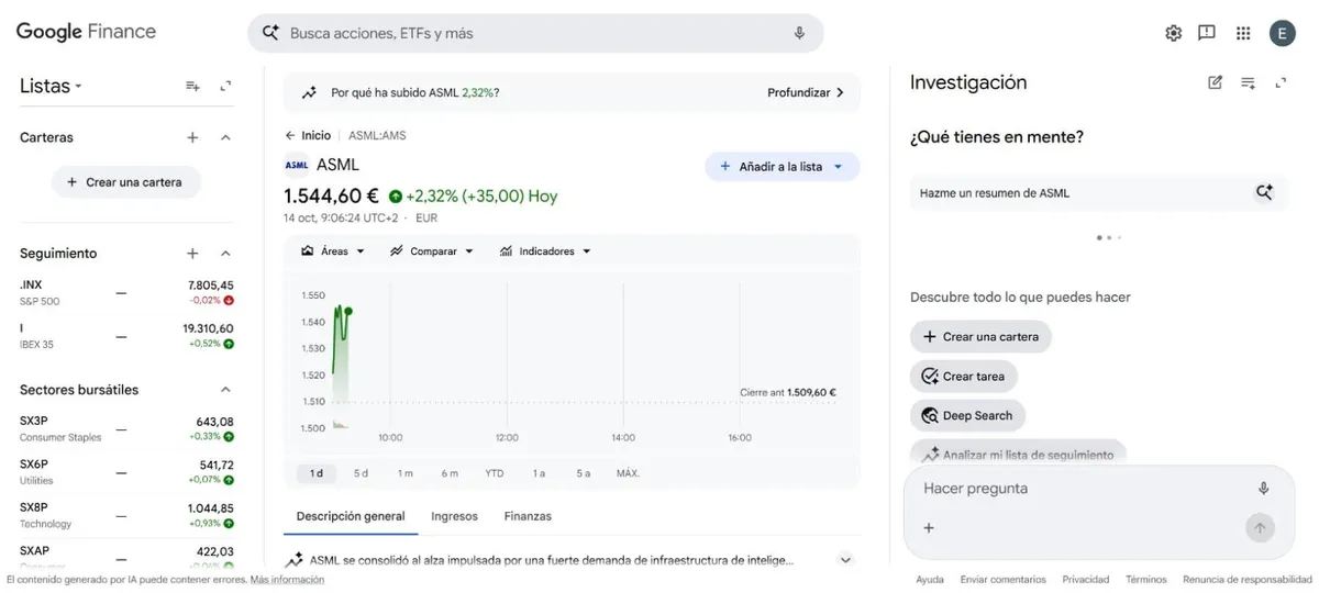 Cotizacion de ASML en la Bolsa de Amsterdam el 14 de octubre de 2026